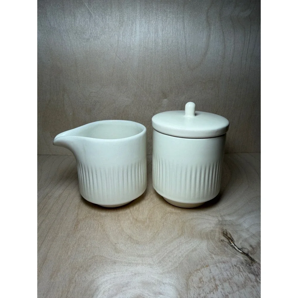 Citrine Creamer and Lidded Sugar Bowl Set Cream Ribbed‎ Ceramic Minimalist